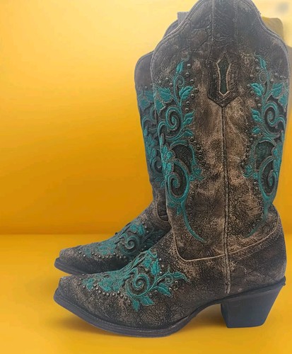 Corral Women's Western L D Dark Ant. Saddle / Turquoise Inlay & Studs Size 7.5 - Picture 4 of 8