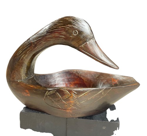 Vintage Handmade Brown Wood Carved Duck Detailed Twisted Neck 9.5 in X 7 in
