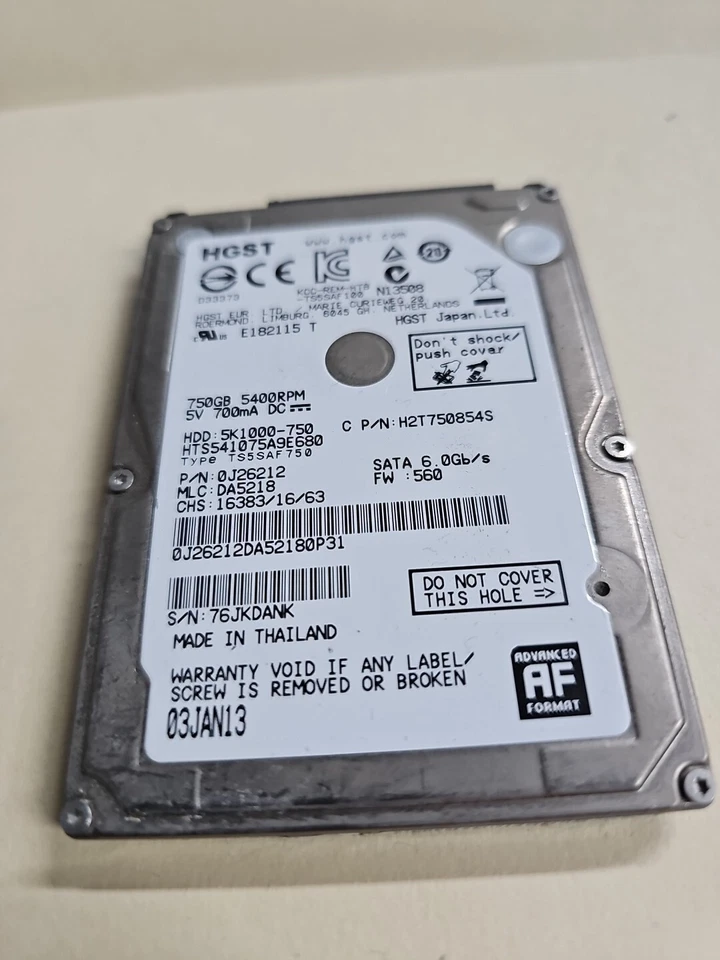 HGST 5K1000-750 5400RPM 3Gb/s 750GB HDD HTS541075A9E680 Wiped And Tested - Image 2 of 4