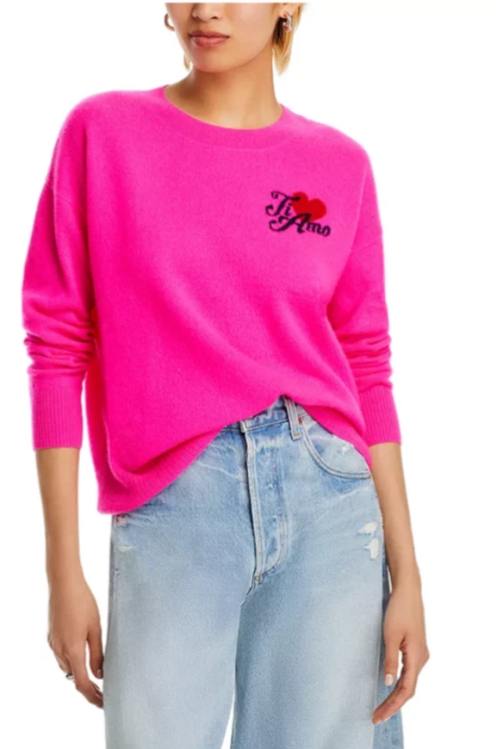 Aqua Designer 100% Cashmere Ti Amo Pink Crewneck Sweater - Medium - retail $188