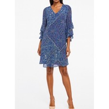 Calvin Klein Blue Paisley Medallion Ruffle Bell Sleeve Shift Dress Size 6
