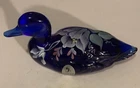 Fenton Hand painted Cobalt Blue Glass Duck Flowers Signed Sticker - LOT3-29