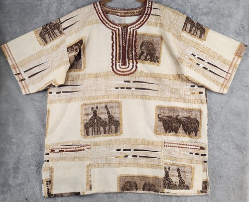 Mens Shirt 3XL Beige Brown Embroidered Animals African Safari Tunic Dashiki Top