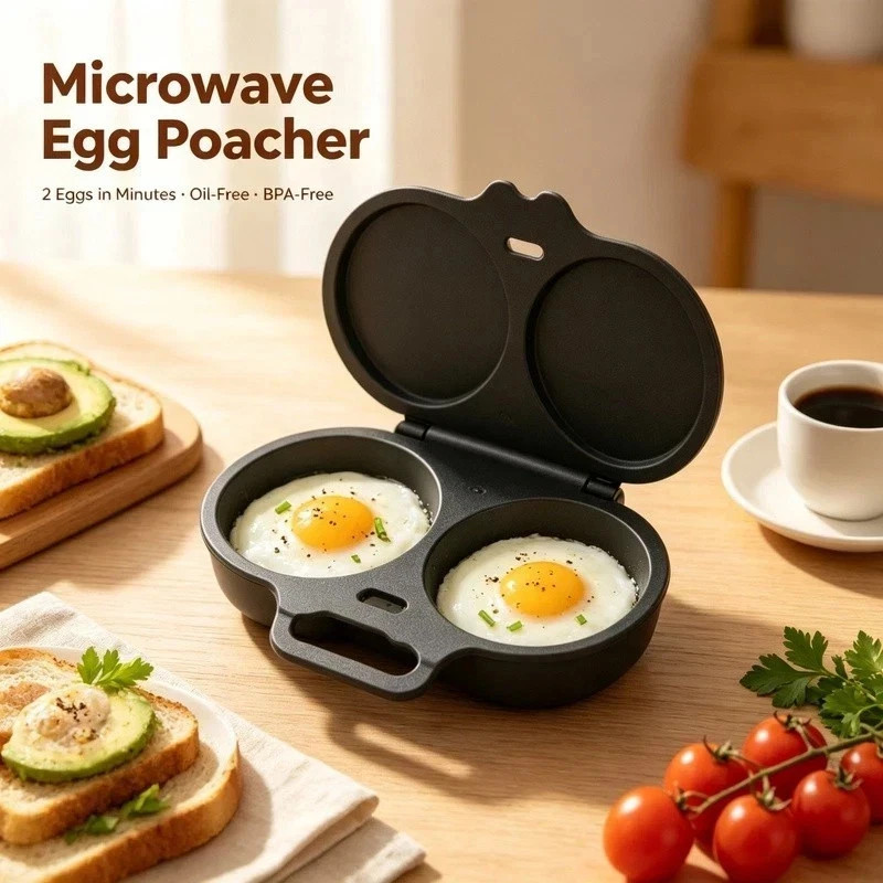 Product photo 3 of 8 — Microwave Egg Poacher Mold With Lid & Handle Dual Cavity Steamer Omelette Maker