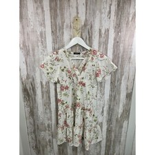 Leaduty Floral V-Neck Mini Dress Short Flutter Sleeve Tiered Ruffle Cream Pink