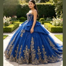 Royal Blue Quinceanera Dresse Corset Gold Lace Appliques Sparkly Tulle Ball Gown