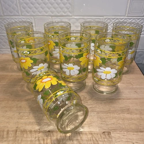 Vintage Anchor Hocking Hildi Yellow Daisy Tumbler Drinkin Glasses Pristine Set 8