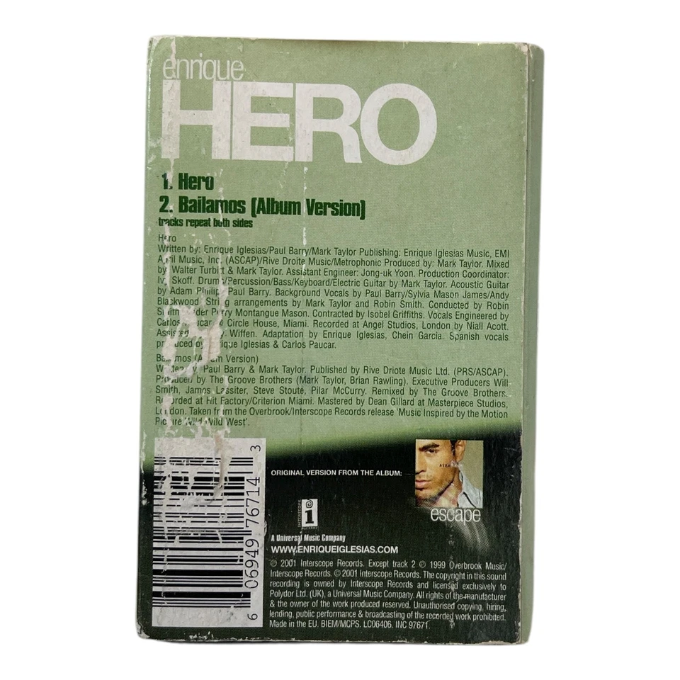 Enrique Iglesias Hero Cassette Single 2001 Interscope Records Vintage Music Foto 2 de 3