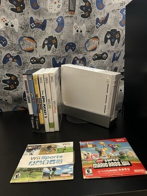Nintendo Wii Console + 8 Games Lot Wii Sports New Super Mario Bros. Wii + More!