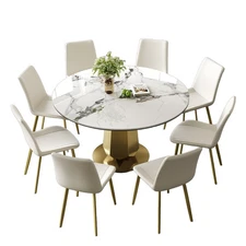 53" Luxury Round Dining Set-Sintered Stone Top, 8 Chairs, Gold Base