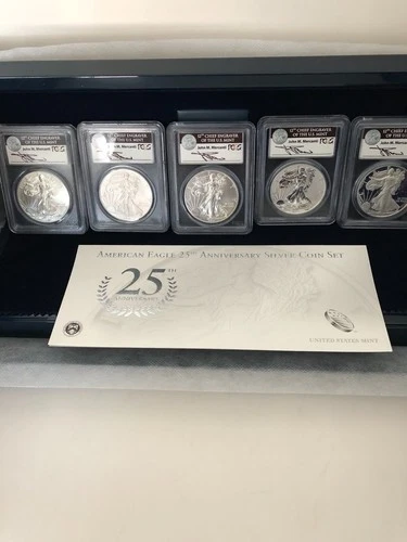 2011 AMERICAN EAGLE 5 COIN 25th ANNIV. SILVER SET PCGS PF70 MS70 F.S. Mercanti