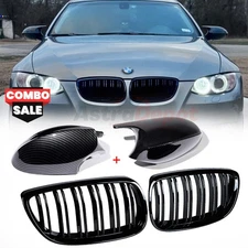 For 06-10 BMW E92 E93 Coupe Gloss Black Kidney Grill + Carbon Fiber Mirror Caps