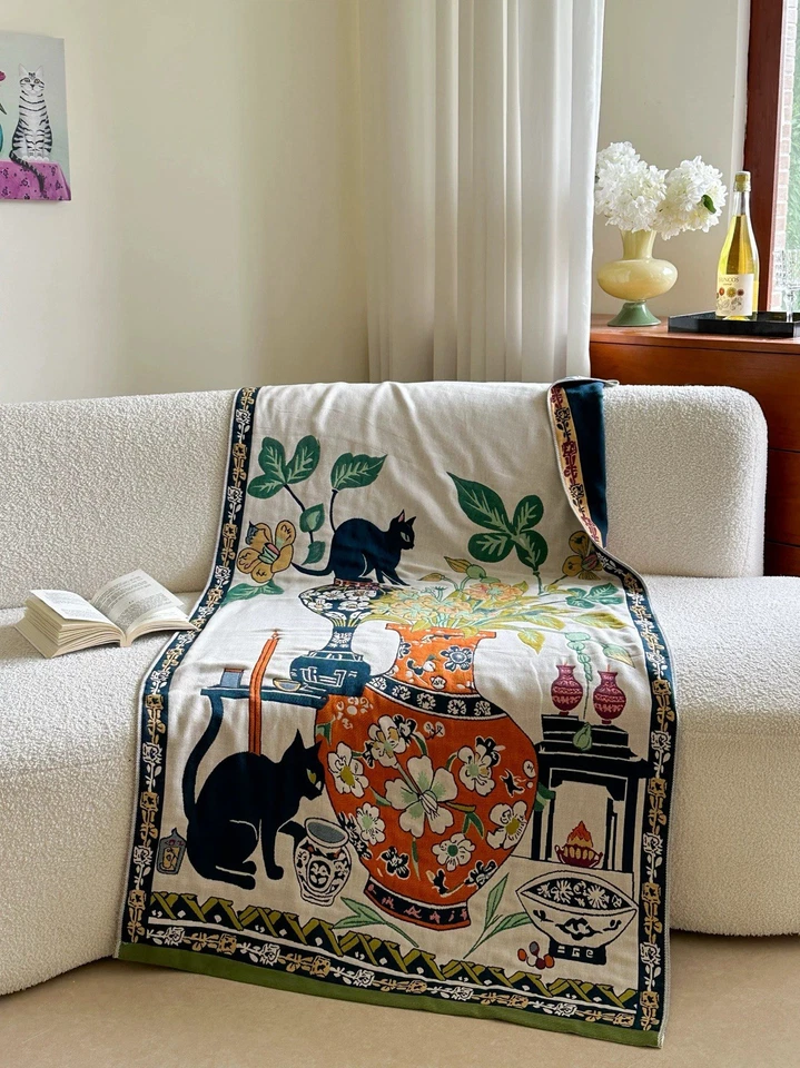 "Manta de algodón estilo vintage con diseño de jarrón floral y gato negro 32x63""" Foto 2 de 4