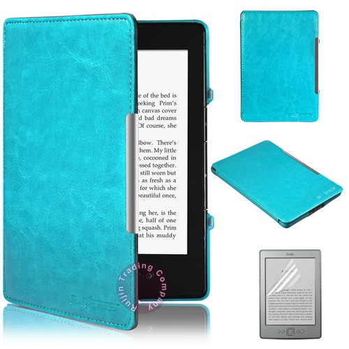 Funda de cuero ultra delgada azul para Amazon Kindle 4 4th + Protector de pantalla