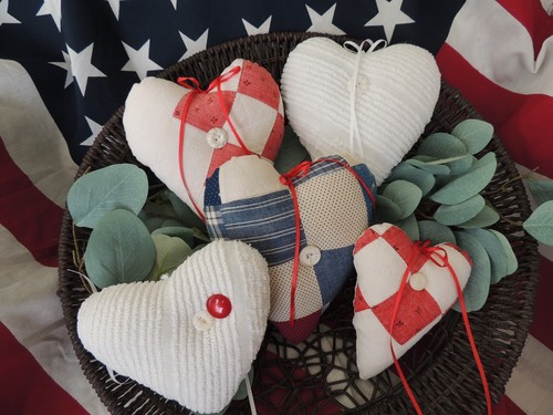 Vintage Antique Quilt Hearts Set of 5 /4th of July, Country Decor, Summer