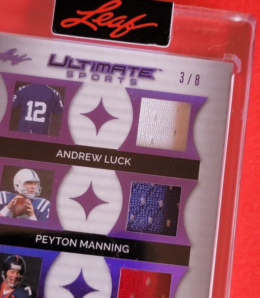 TARJETA JERSEY USADA JUEGO PEYTON MANNING #d3/8 JOHN ELWAY ANDREW SUERTE '24 LEAF COLTS Foto 3 de 3