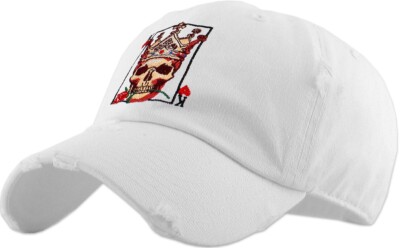 Skull Poker King Vintage Distressed Bill Adjustable White Dad Hat by KB Ethos