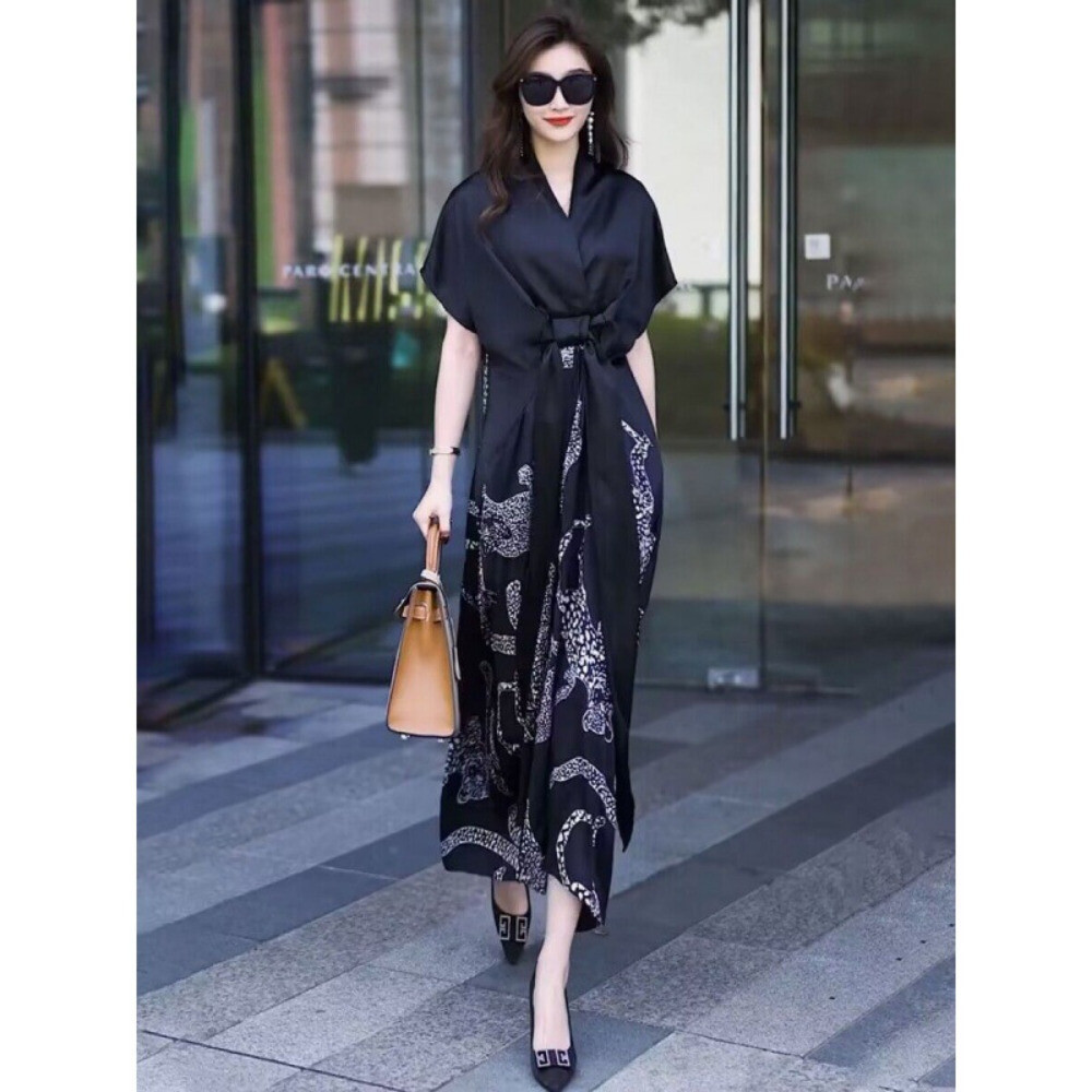 Summer Women Mulberry Silk Loose Dress V-neck Short-sleeve Design Satin  Skirt | eBay