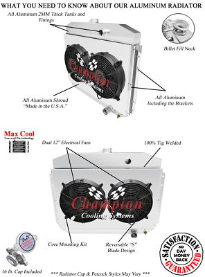 Atom 4 Row Radiator,12'' Fans,Shroud for 1961-1964 Ford F-Series 6 Cyl Eng