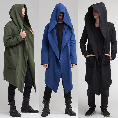 Mens Solid Hoodie Long Jacket Cardigan Casual Trench Cloak Cape Coat