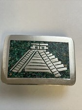 Mexican Inlaid Turquoise Sterling Silver .925 Belt Buckle 2.125  X1.5  31g