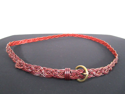Burgundy Brown Braided Leather Brass Buckle Skinny Belt  display picture 1