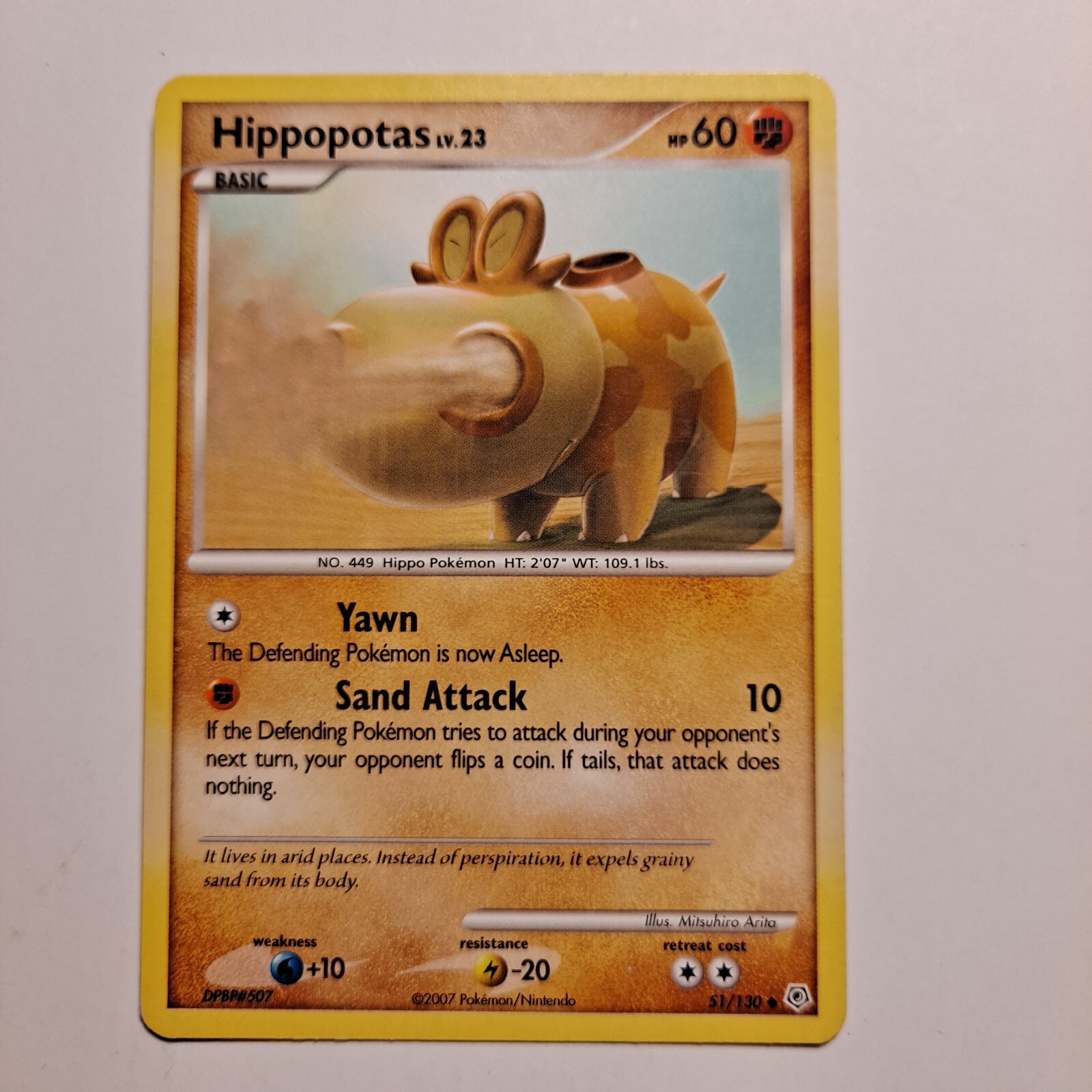 Hippopotas Pokemon Card Lv 23  Hp 60  2007 51/130