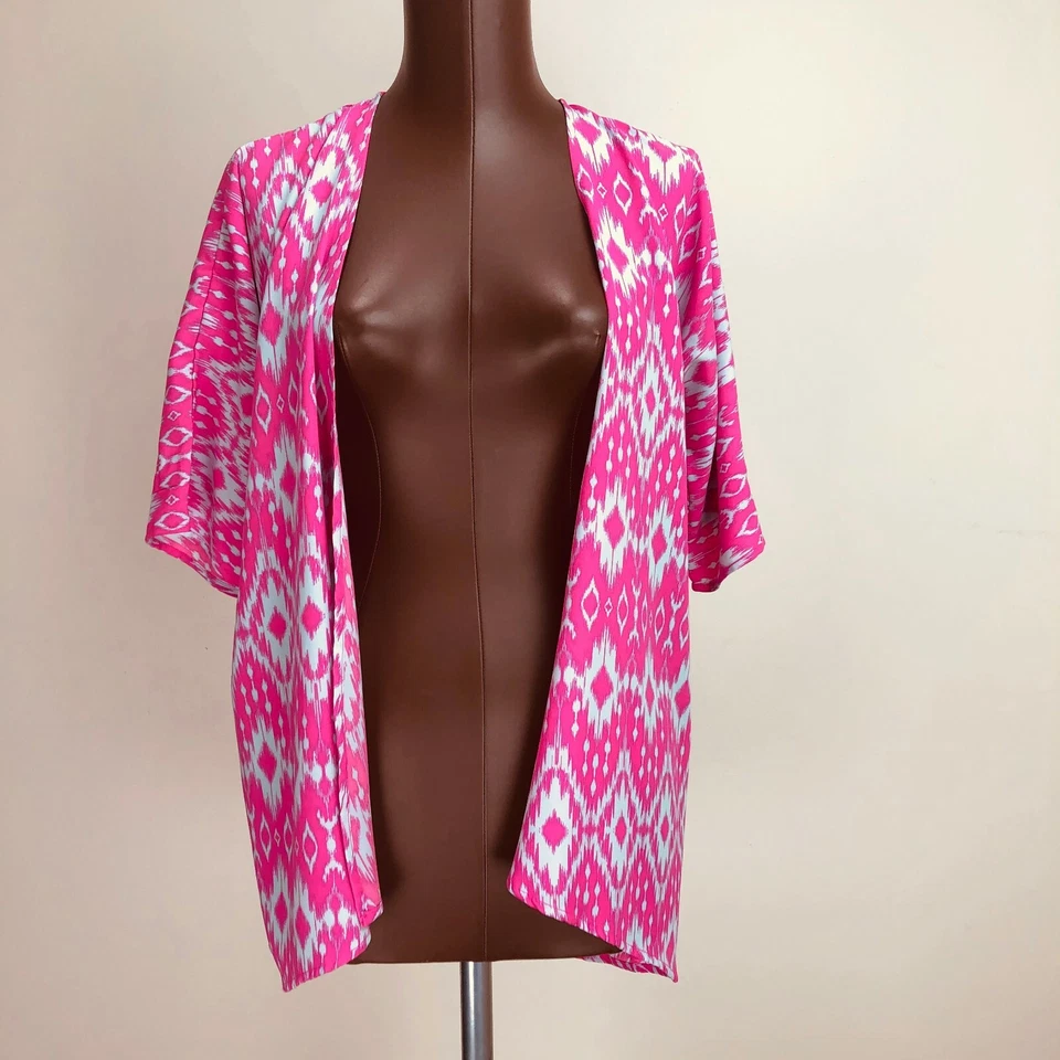 LuLaRoe Girls Bianka Cover Up Top 3 LargeCardigan Pink Gray Open Front Polyester - Image 2 of 4