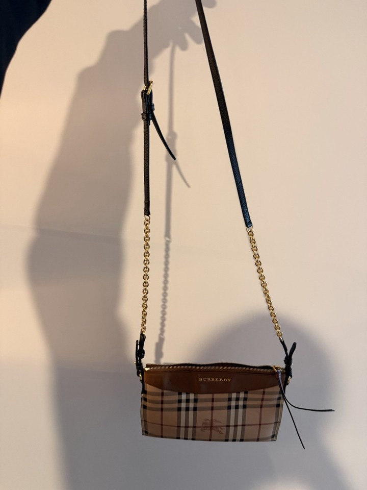 Burberry Nova Check Coated Canvas Leather Trim Gold Chain Zip Crossbody Bag