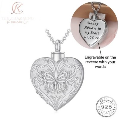 Gravierte Einäscherung Asche Urne Halskette 925 Sterling Silber Schmetterling - selbstbefüllend
