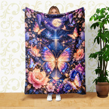 Butterfly Flowers Coral Fleece Blanket Moonlit Waterfall Lake
