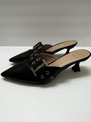 YOKI Kitten Heel Women s 7.5 Pumps Black Pointed Toe Brass Grommet Buckle Accent