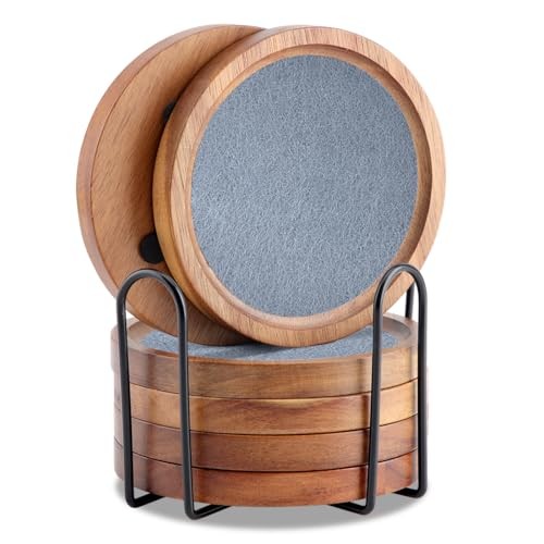 Acacia Wood Drink Coasters 4.13 Inch with Felt Backing in Silver Grey