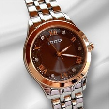 Citizen EM1016 62W Eco Drive Watch Pink Gold Silver Diamond Timepiece