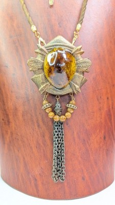 Maya Evangelista Necklace Brooch Huge Chunky Amber Vintage Estate Find 32''