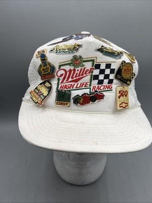 Vintage Miller High Life Racing White Mesh Beer Snapback Loaded w/vintage Pins