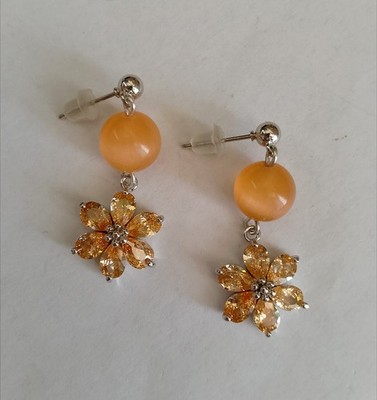 Ohrringe Stahl Katzenauge und Blume Kristall Orange