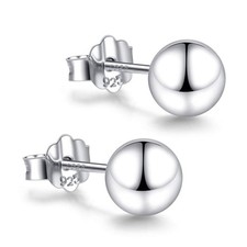 18K White Gold Plated Sterling Silver Ball Stud Earrings 3mm-8mm Options, Sim...