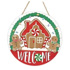 Welcome Christmas Gingerbread House Front Door Sign, Xmas Peppermint Candy 
