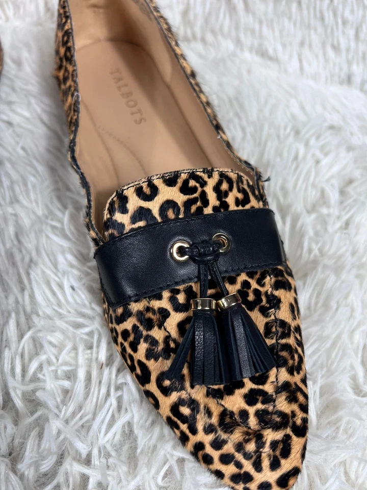 Mocasines Talbots Driver Talla 8M Tostado Estampado Leopardo Pelo de becerro Cuero Borla Negra Foto 3 de 4