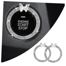 2PCS Bling Car Push Start Button Cover Decoration Ring,Shiny Push to Silver