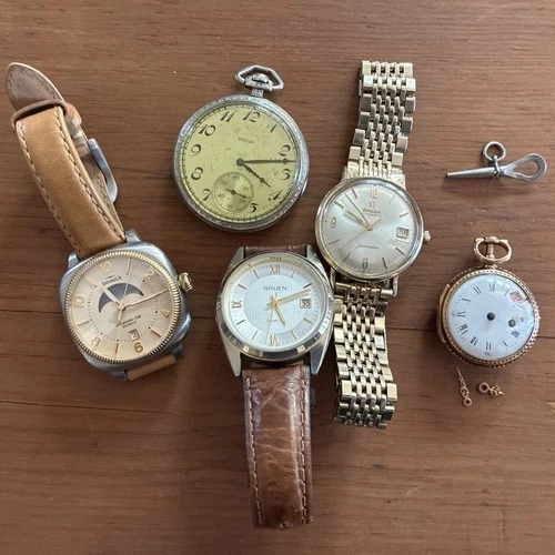 Antique/ Vintage 5 Pocket And Wrist Watches Lot Elgin, Omega Seamaster, Gruen