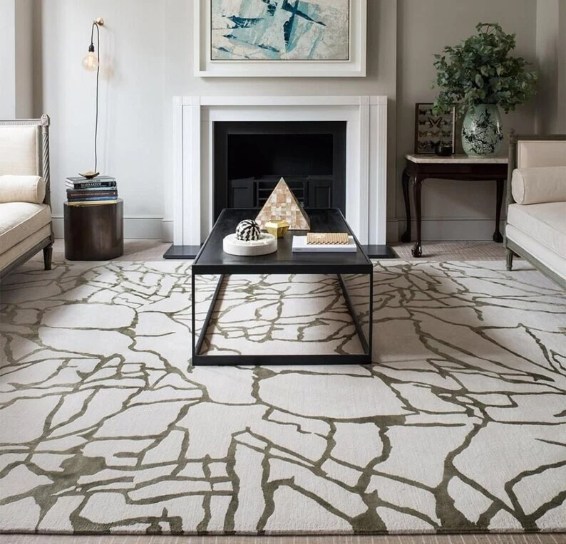 Alfombra de tracería acolchada alfombra de lana contemporánea 5x8, 6x9 pies para sala de estar Foto 4 de 4