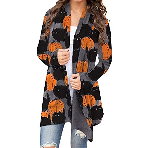 Women's Halloween Pumpkin Cat Print Knitting Cardigan Long Small Deep Gray - Picture 2 of 5