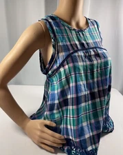 SO EMBROIDERED SCOOP NECK CROCHET LADDER TRIM & YOKE PLAID TANK W/ POM-POM HEM