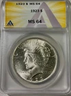 1923 PEACE DOLLAR ANACS graded as MS64 gorgeous blast white coin
