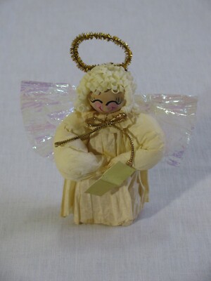 Vtg Paper Dressed Wood Angel w/Curled Paper Hair/Film Wings Figurine, Unmarked r