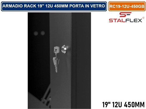 ARMADIO RACK 19" 12U 450MM A PARETE NERO RAL-9005 SPORTELLO IN VETRO REVERSIBILE - Foto 3 di 5