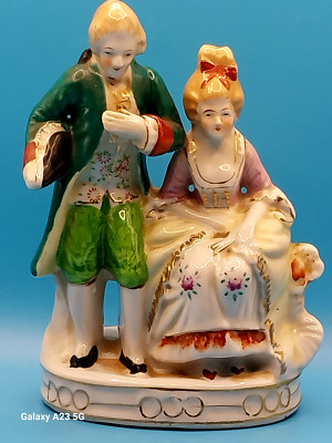 Victorian Man & Woman Figurine, Porcelain & Gold trim 7'' Tall, Japan