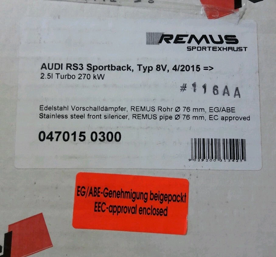 REMUS Edelstahl Vorschalldämpfer Audi A3 Sportback RS3 quattro 270kW 367PS VSD - Bild 2 von 2